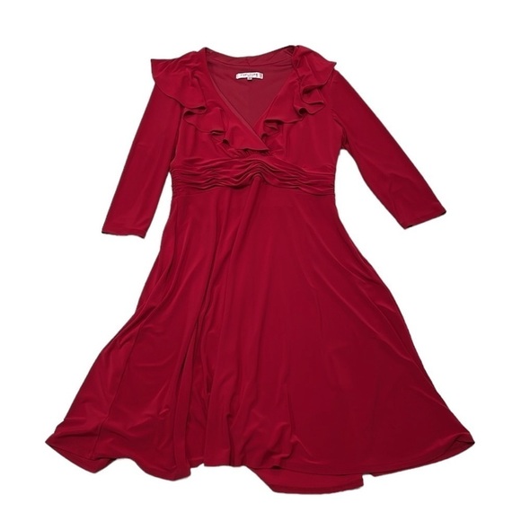Evan-Picone Dress Women's 14 Red Long Sleeve A-Line Midi V-Neck Ruffles - Picture 4 of 16